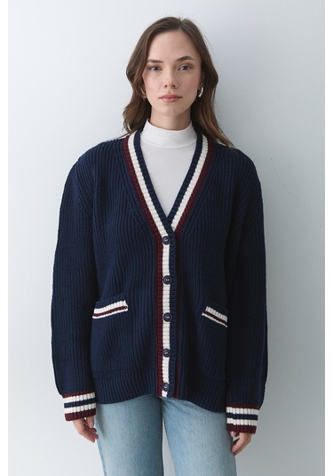 Lacivert - Bordo Renkli Cepli Hırka - 241143 Lacivert