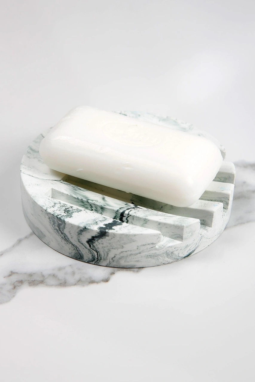 Mermer Desenli Yuvarlak Model Beton Katı Sabunluk Su Giderli 10 Cm Yeşil