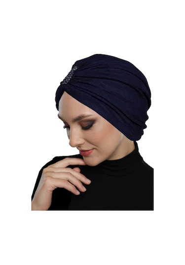 Dizayn Tüllü Kristal Taş İşlemeli Çift Taraflı Astarlı Lacivert Hazır Türban Tesettür Abiye Bone Lacivert