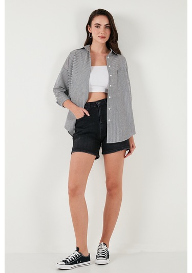 Lela Regular Fit Uzun Kollu Cepli Çizgili Bayan Gömlek 6772895 Siyah