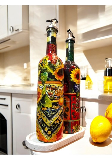 Akdeniz Mutfağı Ve Ayçiçeklerinden İlhamla Tasarlanan Cam Yağdanlık, Sirkelik Ve Sosluk Seti, Mutfak Kırmızı - Sarı