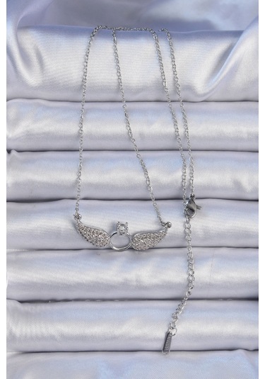 Forwhat Zarif Kadın İçin Silver Çelik Zincir Kanatlı Tektaş Kolye Metalik