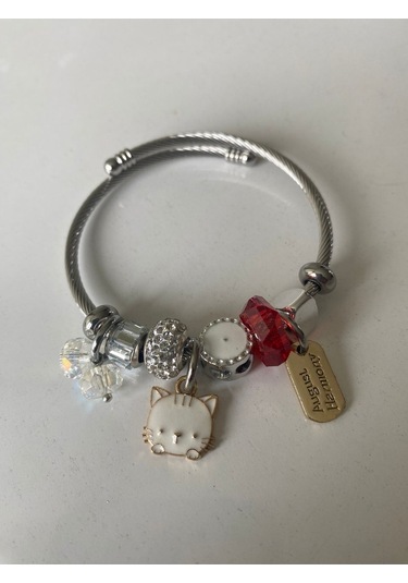 Uzel Çelik Gümüş Silver Model Taşlı, Kedicik Charmlı Çelik Bileklik