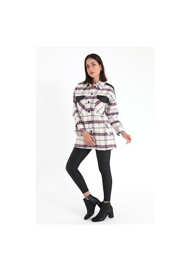 Deri Garnili Ekose Cepli Gömlek - Mor-mor Mor