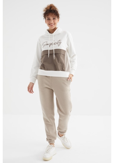 Tommy Life Koyu Bej Yüksek Bel Şardonlu 3 İplik Pamuklu Basic Kadın Eşofman Alt - 94624 Koyu Bej