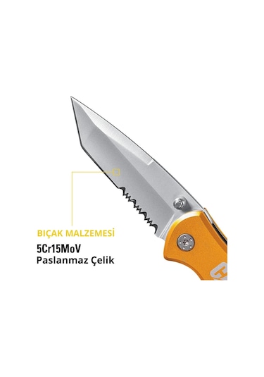 Cat Da980011 Kemer Askı Kancalı Cam Kırma Uçlu Katlanabilir 17cm Paslanmaz Çelik Sarı Kamp Çakısı
