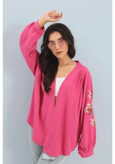 Wpr Kimono Reglan Kol Nakışlı Keten - Fuşya-fuşya Fuşya