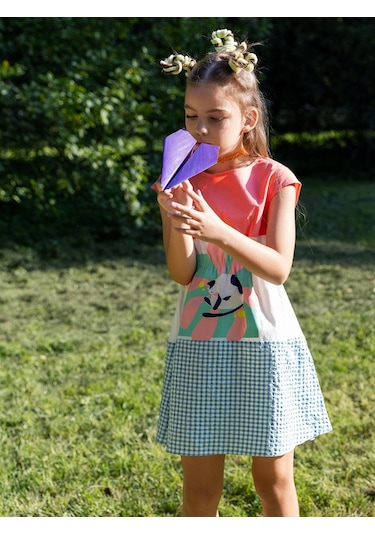 Sheshe Kısa Kollu Kareli Ve Çiçek Kız Çocuk Elbise Renkli