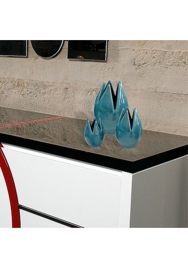 Seramik Turkuaz Laleler Biblo Seti 15Cm - 13Cm - 9Cm