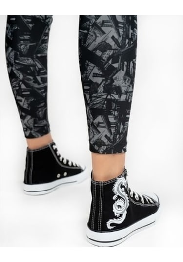 Unisex Bilekli Baskılı Spor Ayakkabı Siyah Beyaz Çok Renkli