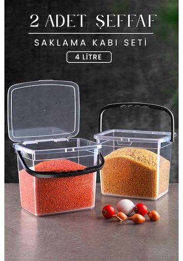 Kitchen Life Mega Boy 2'li Kare Un Bakliyat Kabı 4 Litre - Kulplu Deterjanlık Saklama Kutusu Kabı 2 Adet