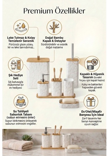 Makri Home Desenli 7 Parça Bambu Kapaklı Ve Aksesuarlı Banyo Seti Beyaz - Gri
