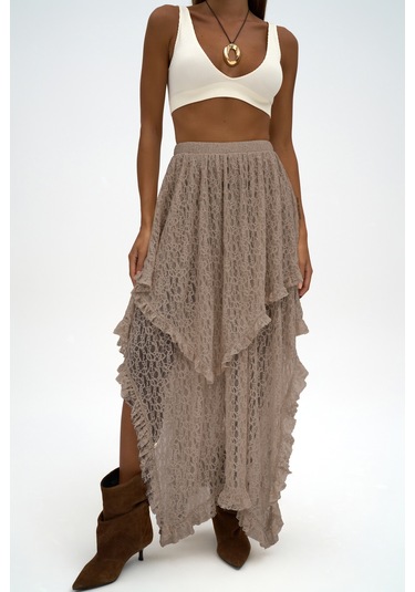 Mireya Asimetrik Vizon Dantel Etek Vizon