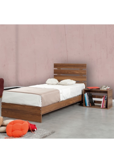 Pasifichome Huga Tek Kişilik Ahşap Karyola Komodin Takım Ceviz 90 Cm