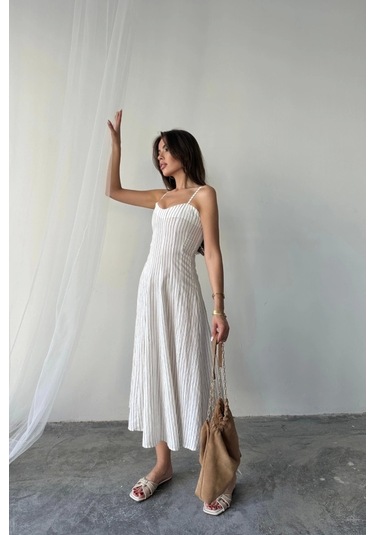 Simli Çizgili Askılı Elbise Midi Boy - Kahverengi Kahverengi