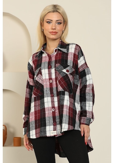 Nurneva Oduncu Kumaş Ekose Desen Oversize Gömlek Bordo-bordo Bordo