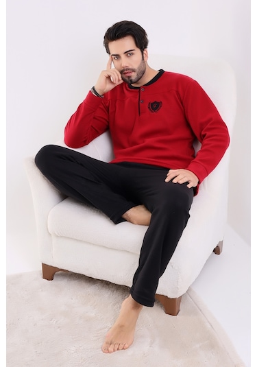 Falkon 7202 Polar Kışlık Erkek Ev Pijama Takımı Uyku Takımı Bordo