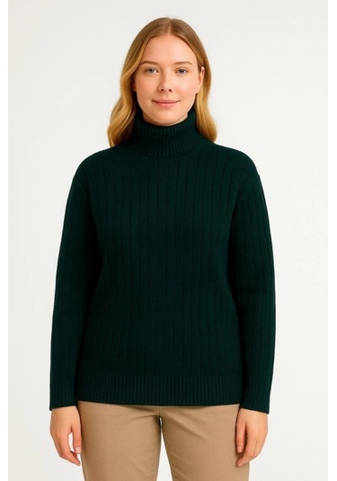 Balıkcı Yaka Bağazlı Triko Kazak Pamuklu Kalın Fitilli Dokuma - Haki Haki