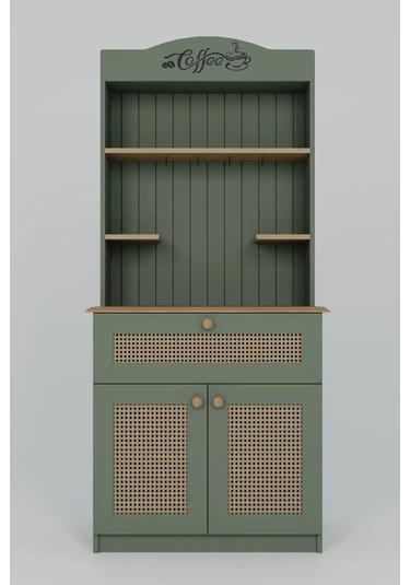 Lucas 2 Kapaklı Çekmeceli Pvc Hasır Desen Kahve Köşesi & Çok Amaçlı Mutfak Dolabı-açık Ceviz & Yeşil Yeşil