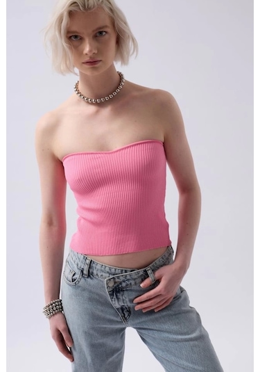 Straplez Dokulu Crop Pembe