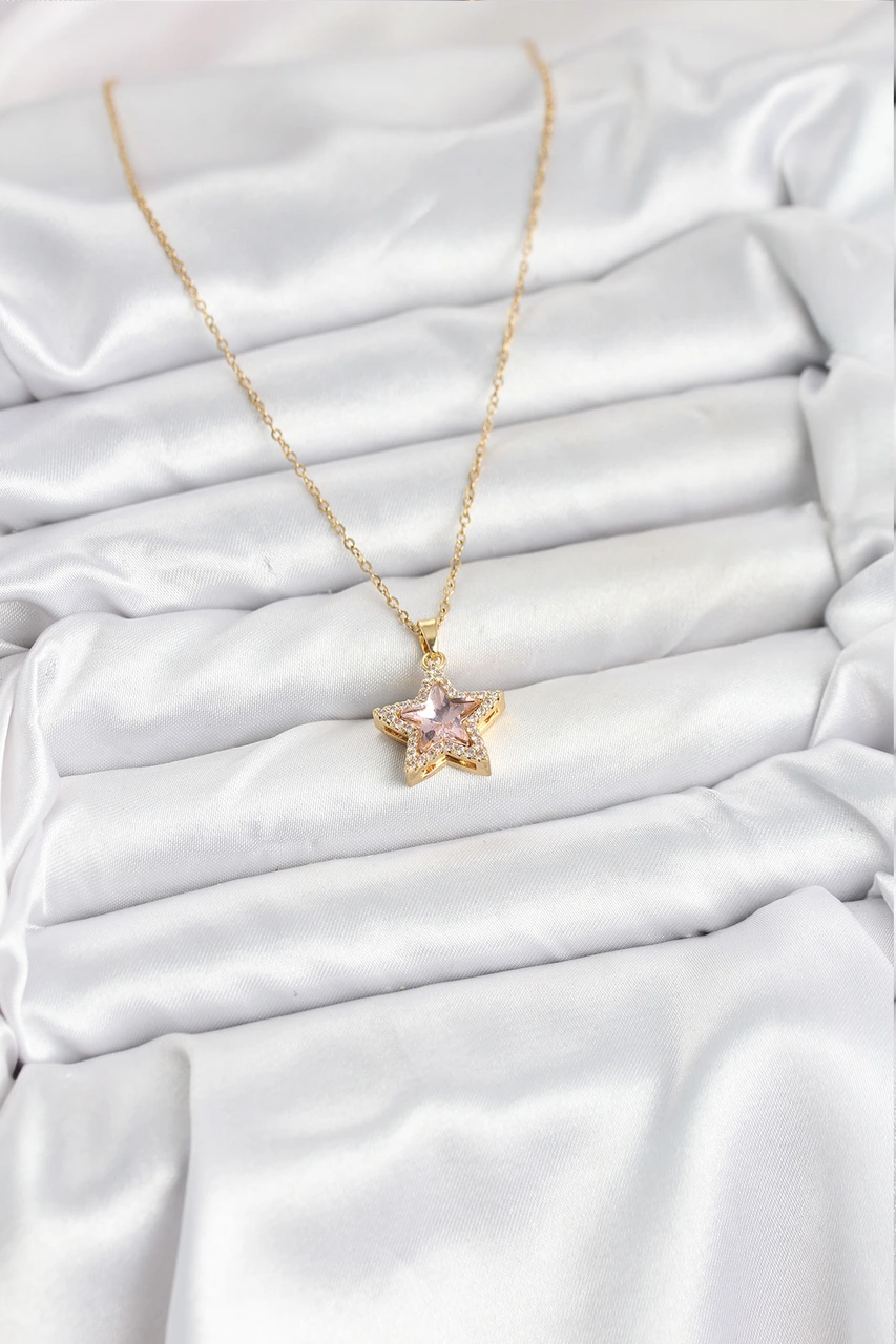 Nova Bazaar 316l Çelik Zincir Pembe Taşlı Yıldız Model Kadın Kolye altın