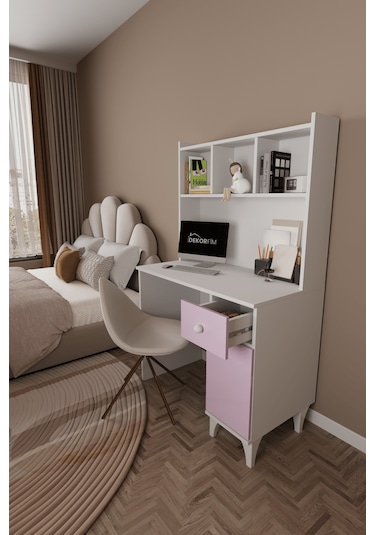 Df09107 Çekmeceli Kapaklı Kitaplıklı Çalışma Masası Pembe