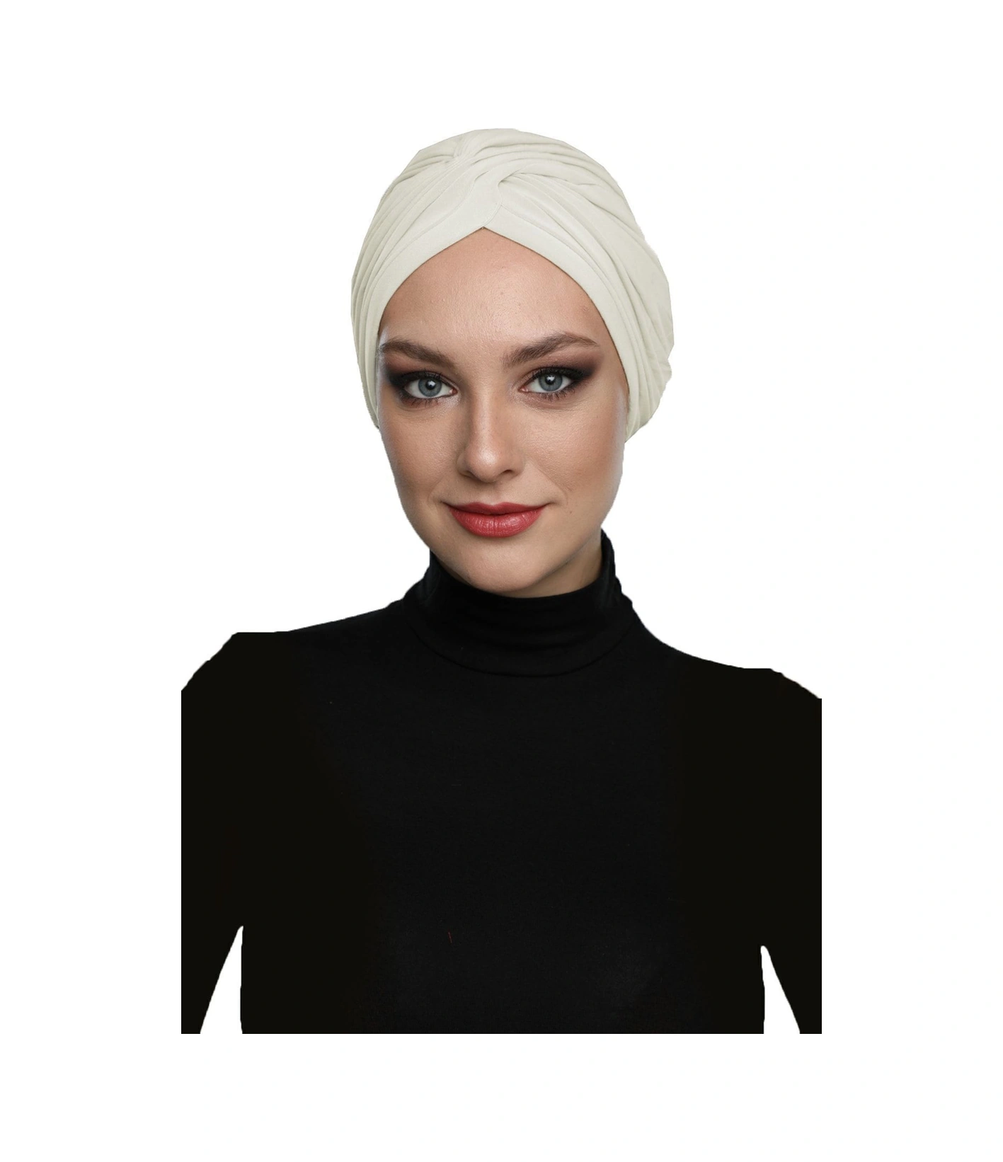 Çapraz W Nervürlü Ensesi Bantlı Krem Hazır Türban Tesettür Havuz Bonesi Krem