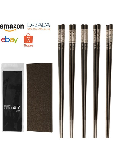 Springsun 304 Paslanmaz Çelik Kaymaz Yemek Çubukları Seti - 5 Çift Hediye Paketli Altın