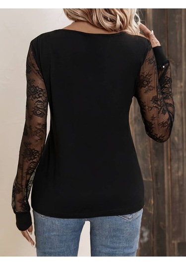 Kadın Uzun Kollu V Yakalı Dantel Detaylı Viskon Bluz Siyah