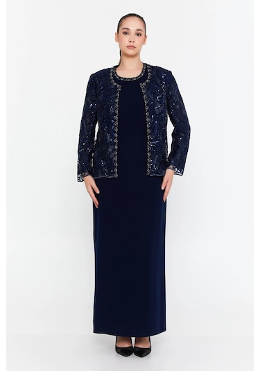 Güzelyalı Kadın Büyük Beden Taş İşlemeli Uzun Abiye Takım 1047 Lacivert Lacivert