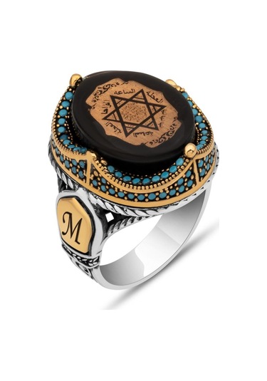 Alyans Evim  Mührü  Süleyman İşleme Sıkma Kehribar Taşlı 925 Gümüş Erkek Yüzük