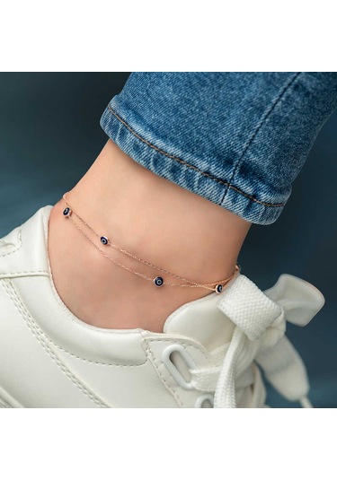 925 Ayar Gümüş Rose Çift Zincirli Nazar Halhal Çok Renkli