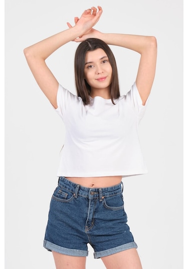 As Collection Beyaz Bisiklet Yaka Kısa Kol Örme Kadın Crop Beyaz