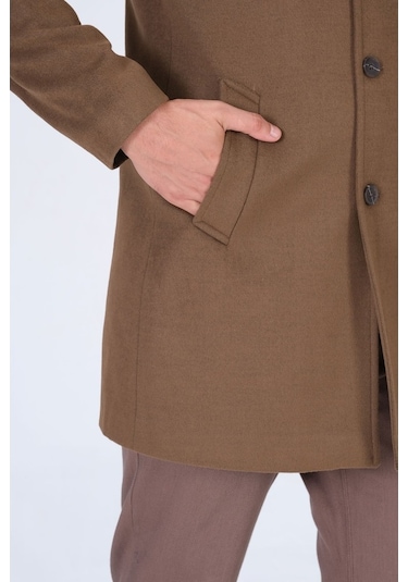 Slimfit V Yaka Kışlık Camel Kaşe Kaban Palto-Camel