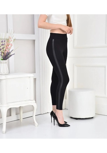 Kadın Siyah Toparlayıcı Tek Deri Şerit Günlük Yüksek Bel Tayt Siyah