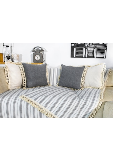 Dnc Home Tekstil Ndchome Gri Çizgili Otantik Keten Koltuk Örtüsü