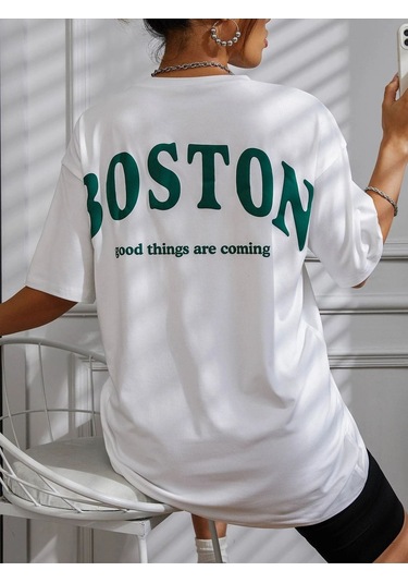 Kadın Beyaz Oversiz Boston Baskılı Örme T-shirt Beyaz-58930