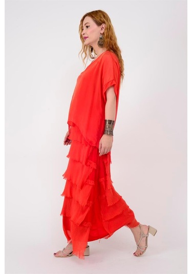 İtalyan 2 Beden İnce Gösteren Yarım Kol Kat Kat Ipek Elbise Kırmızı