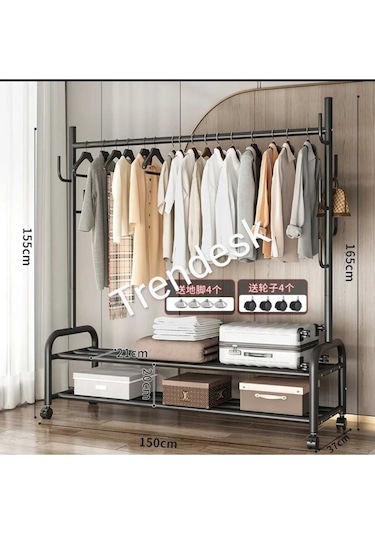 Metal Siyah Portmanto Konfeksiyon Askısı Ayaklı Askılık Elbise Askılığı 155 150 Cm Siyah