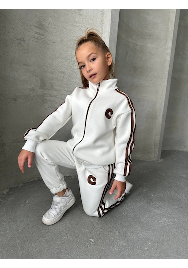 Kız Çocuk Eşofman Takım Fermuarlı %100 Pamuklu Alt Üst Takım Beyaz