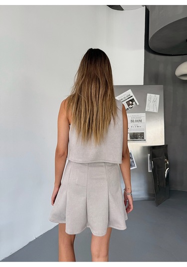 Kadın Suni Süet A Kesim Esnek Mini Etek Gri