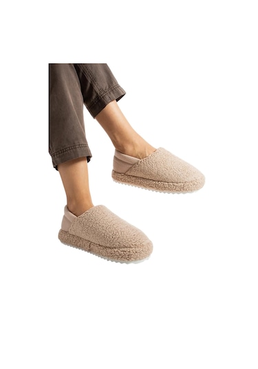 Kadın Lastikli Kaymaz Taban Peluş Havlu Kumaş Ev Ayakkabısı Panduf Bej-bej Bej