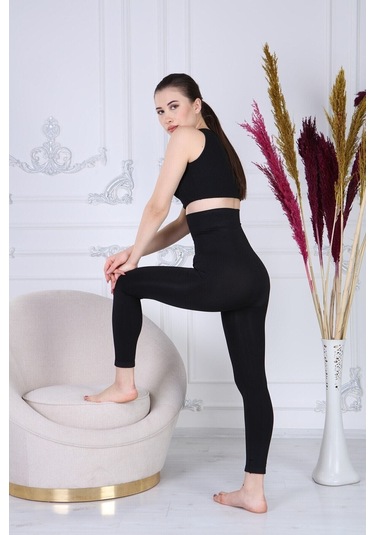 Iki Beden Extra Yüksek Bel Lazer Kesim Siyah Korse Tayt SiYAH