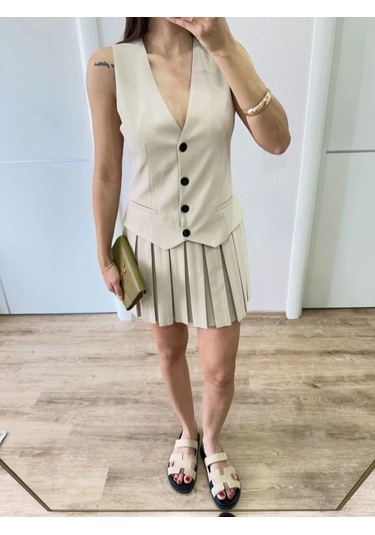 Keten Takım Görünümlü Düğme Detaylı Yelekli Mini Elbise - Bej Bej