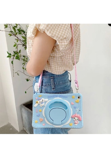 Samsung Galaxy Tab A7 Lite T220 T225 T227 Uyumlu Kedi Kılıf Askılı Standlı Eğlenceli Koruyucu Kılıf Mavi