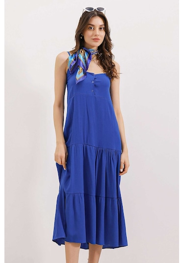 Bigdart 2403 Askılı Midi Elbise - Saks 001