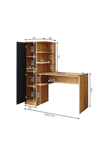 Roma Raflı Çalışma Masası , Çalışma Ofis Masası Sol Dolaplı A.çam Antrasit - Atlantik Çam