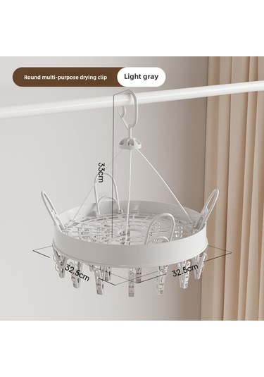 Gri 24 Klipsli Çamaşır Kurutma Askısı, Yuvarlak Çok İşlevli Katlanır Rüzgar Geçirmez Gri