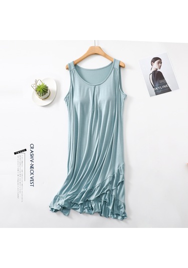 Modal Kolsuz Elbise Sütyen Yastıklı O-boyun Sundress Gevşek Ev Tekstili Elbiseler Artı Boyutu Nedensel Tank Uyku Elbisesi Açık Mavi