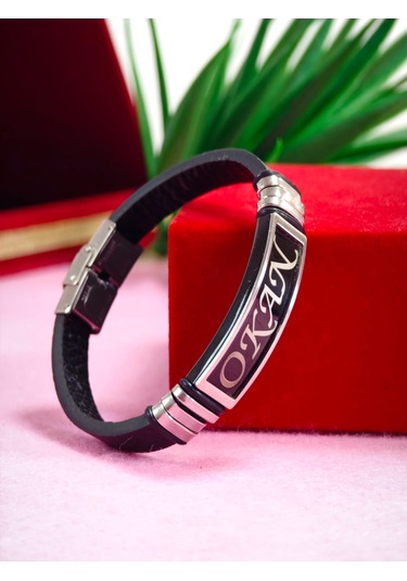 Çelik Derili Bileklik Kişiye Özel İsimli Paslanmaz Derili Çelik İsimli Bileklik 316 L Çelik Altın - Gold